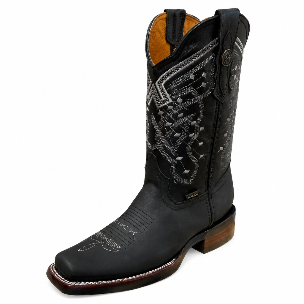 A&A Western Wear Men’s Leather Square Toe Western Boots – Black