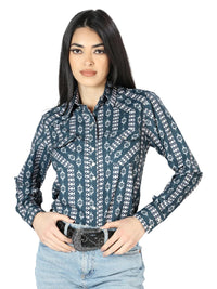 El General Women  Long Sleeve Western Snap Button Shirt - Blue 44202