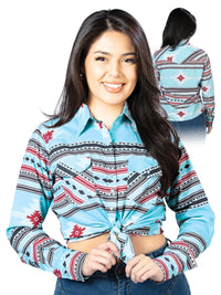 El General Women Long Sleeve Western Fashion Snap Button Shirt - Blue 44206