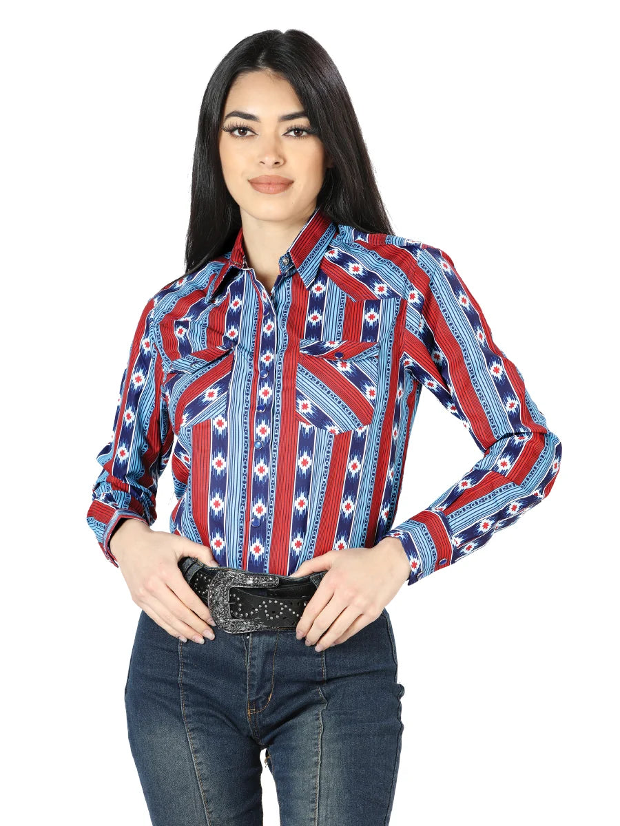 El General Women Long Sleeve Western Fashion Snap Button Shirt - Blue/Red 44213
