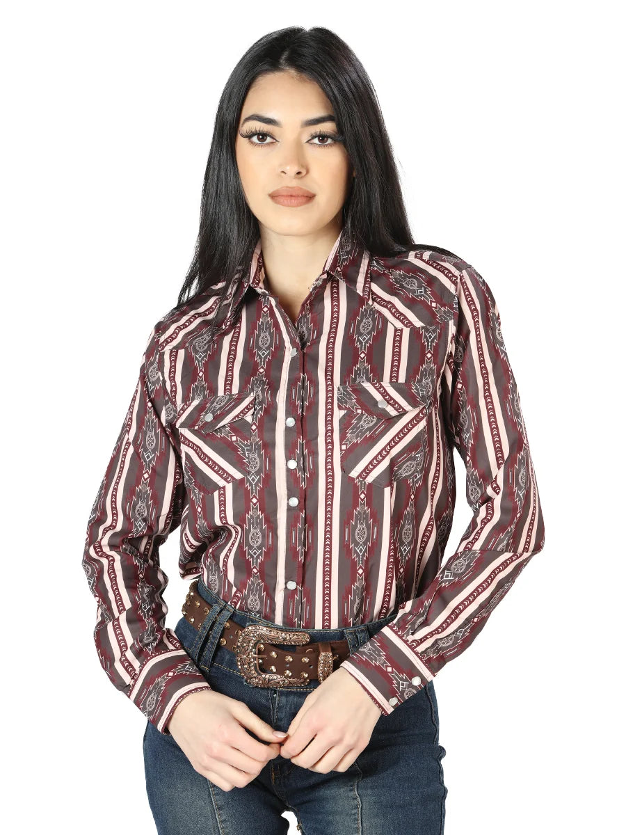 El General Women Long Sleeve Western Fashion Snap Button Shirt - Brown 44215