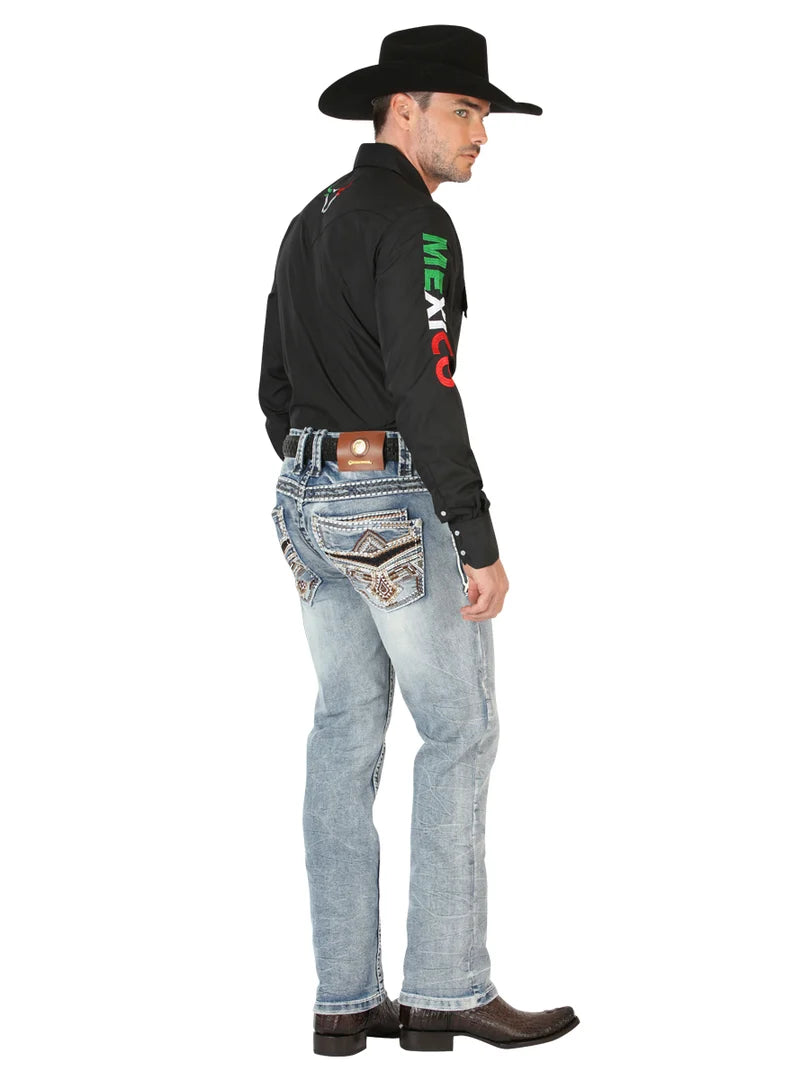 Men's Boot Cut Western Jeans – Stretch Denim Cowboy Pants - Washed Light Blue 45532