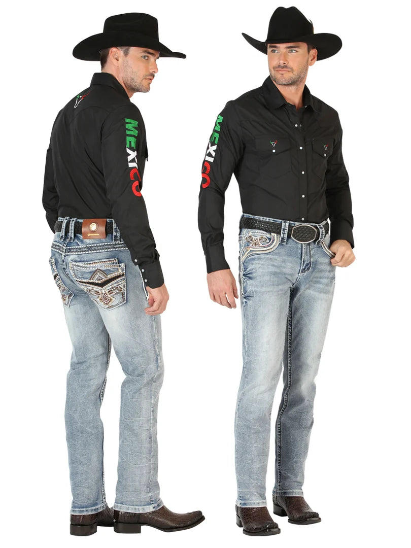 Men's Boot Cut Western Jeans – Stretch Denim Cowboy Pants - Washed Light Blue 45532