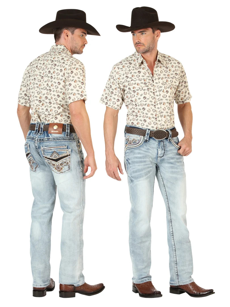 Men's Boot Cut Western Jeans – Stretch Denim Cowboy Pants -  Medium Blue 45533