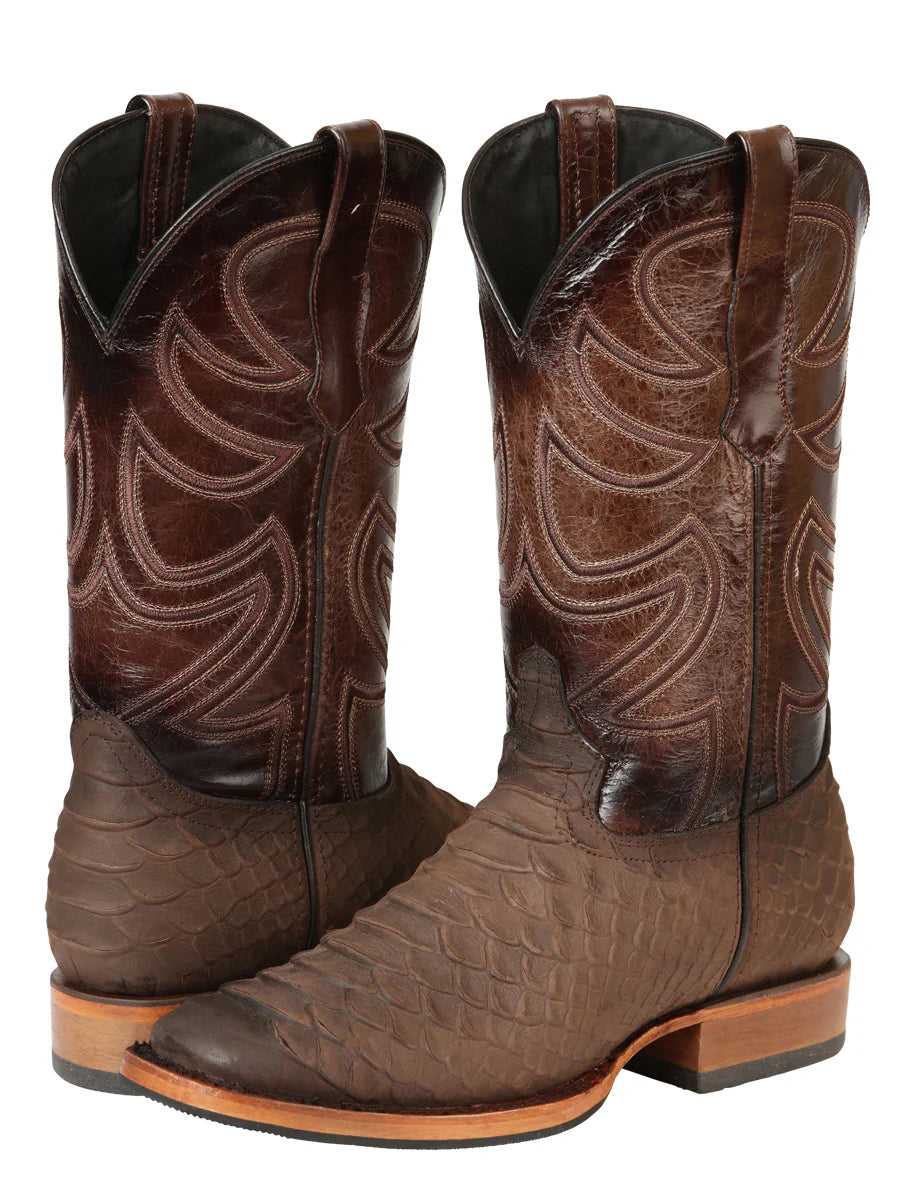El General Men's Square Toe Cowboy Boot–Imitation Phyton Brown 45562