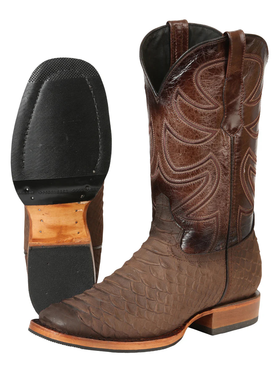 El General Men's Square Toe Cowboy Boot–Imitation Phyton Brown 45562