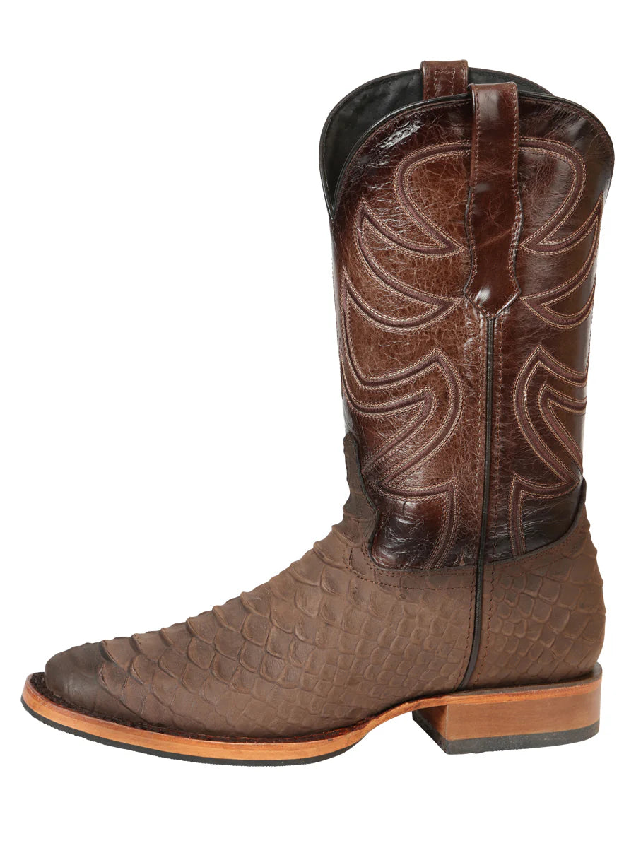 El General Men's Square Toe Cowboy Boot–Imitation Phyton Brown 45562