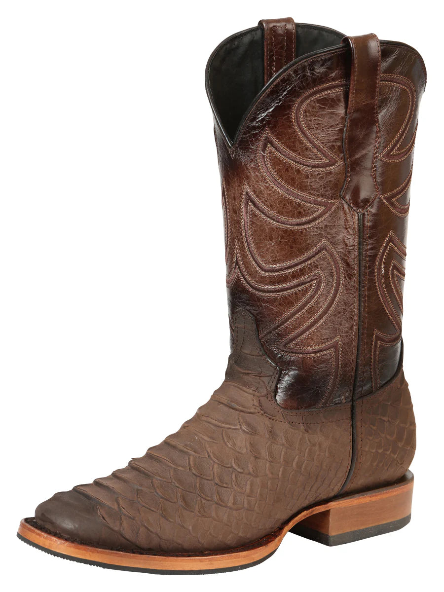 El General Men's Square Toe Cowboy Boot–Imitation Phyton Brown 45562