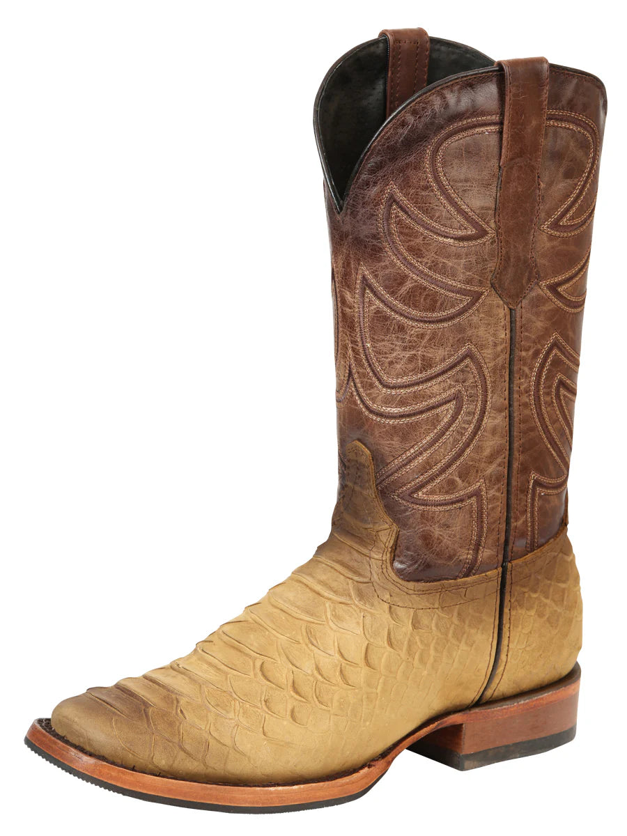 El General Men's Square Toe Cowboy Boot–Imitation Phyton–Honey 45563