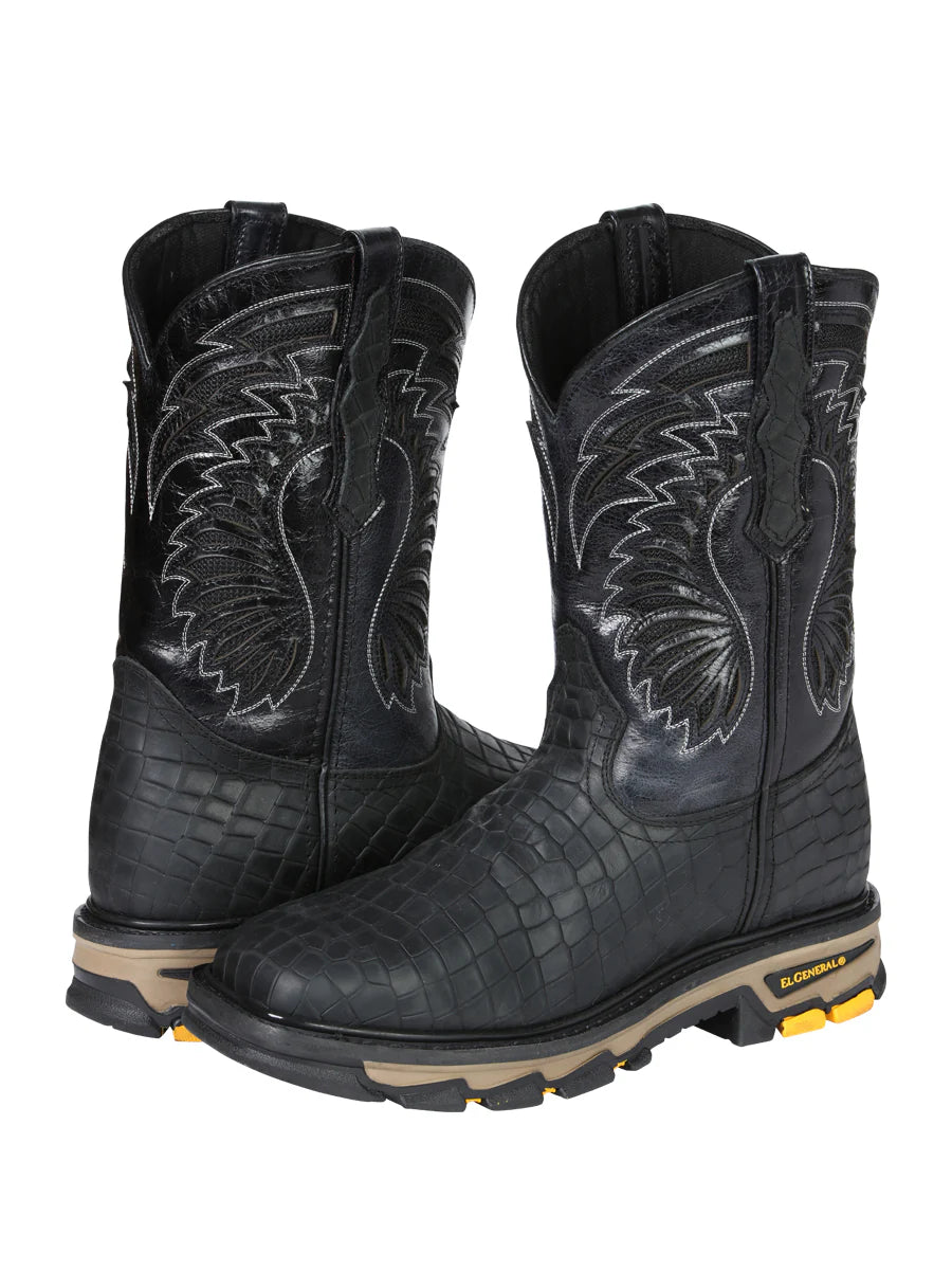 El General Men's Caiman Print Square Toe Soft Toe Work Boots – Black