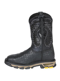 El General Men's Caiman Print Square Toe Soft Toe Work Boots – Black