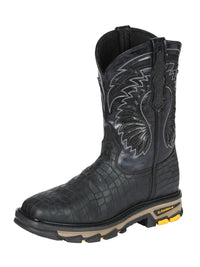El General Men's Caiman Print Square Toe Soft Toe Work Boots – Black