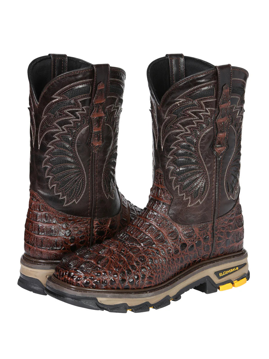 El General Men's Caiman Print Square Toe Soft Toe Work Boots – Brown