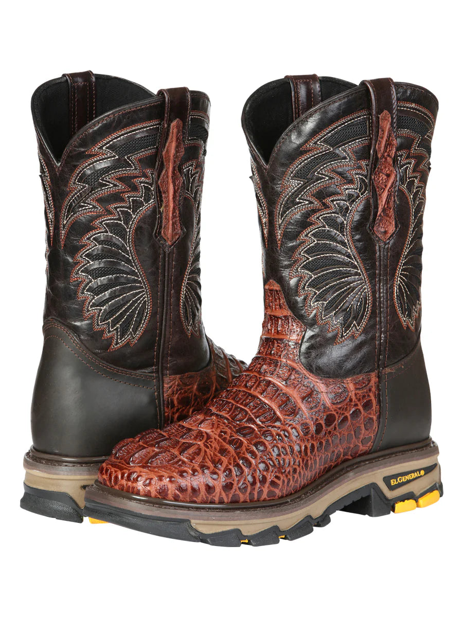 El General Men's Caiman Print Square Toe Soft Toe Work Boots – Cognac