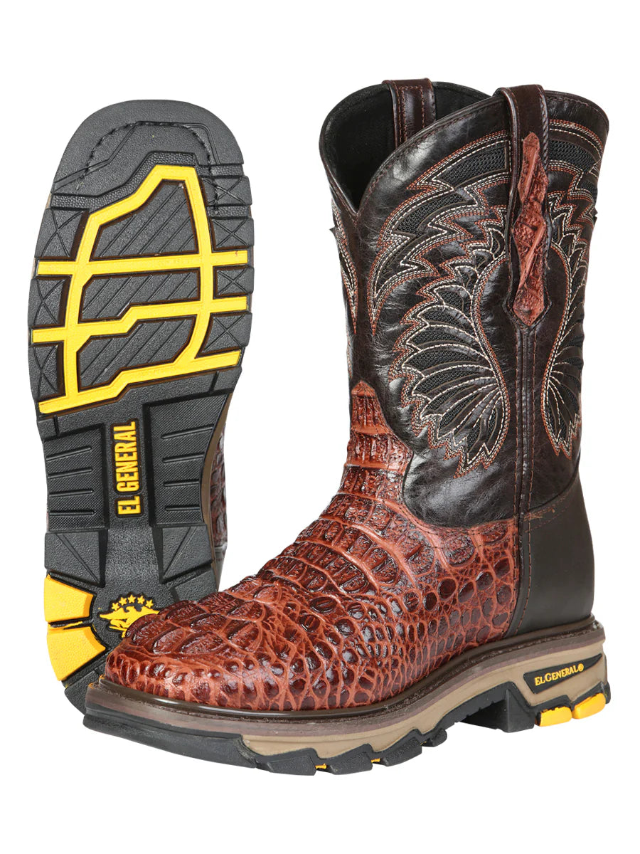El General Men's Caiman Print Square Toe Soft Toe Work Boots – Cognac
