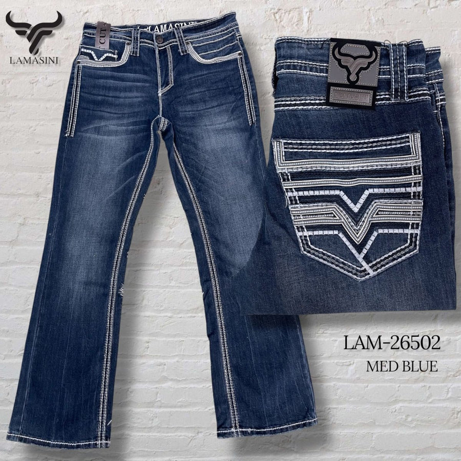 Men's Boot Cut Western Jeans – Stretch Denim Cowboy Pants -Medium Blue LAM-26502
