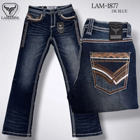 Men's Boot Cut Western Jeans – Stretch Denim Cowboy Pants - Blue Embroidered Pockets LAM-1877