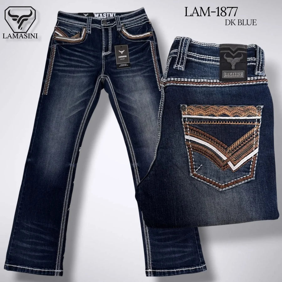 Men's Boot Cut Western Jeans – Stretch Denim Cowboy Pants - Blue Embroidered Pockets LAM-1877