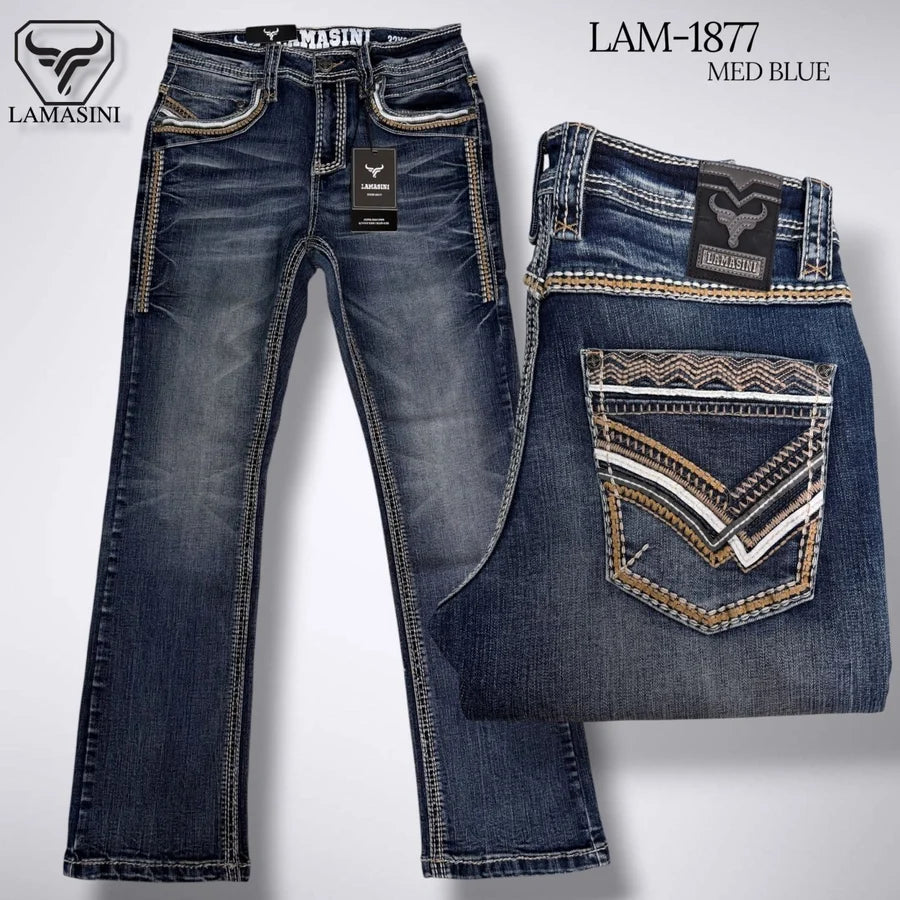 Men's Boot Cut Western Jeans – Stretch Denim Cowboy Pants - Durk Blue LAM-1877