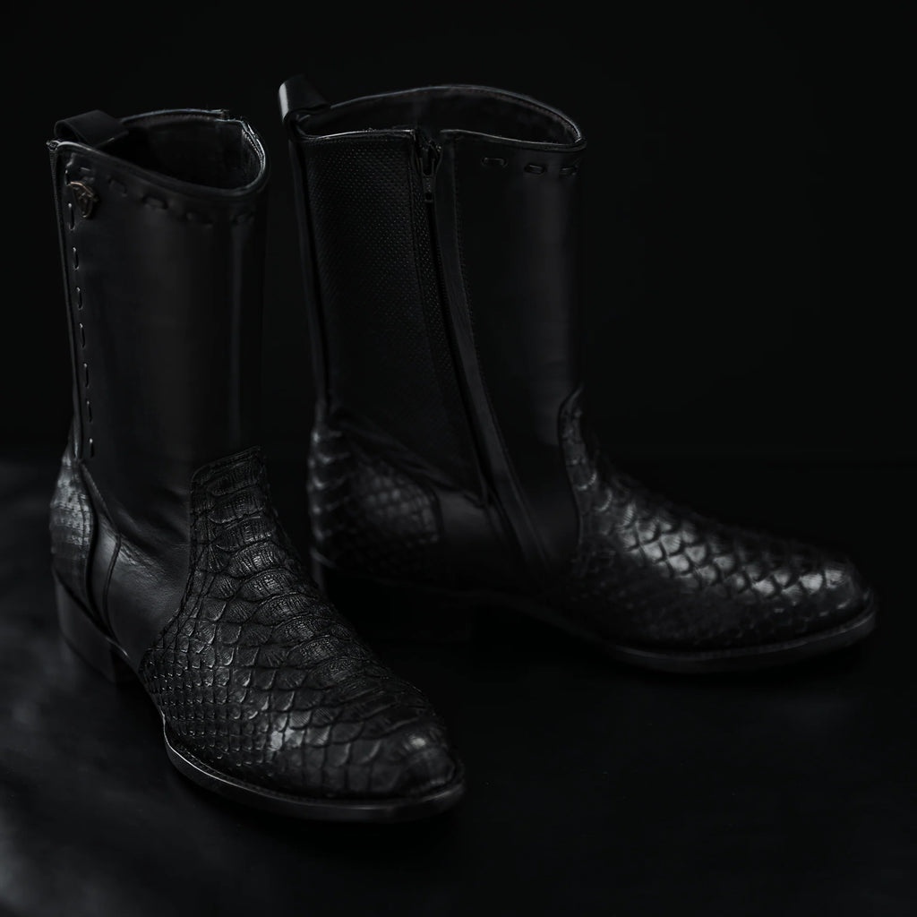 Rodeo Cartie Men's Gala Python Oval Toe Roper Boots with Zipper – Black