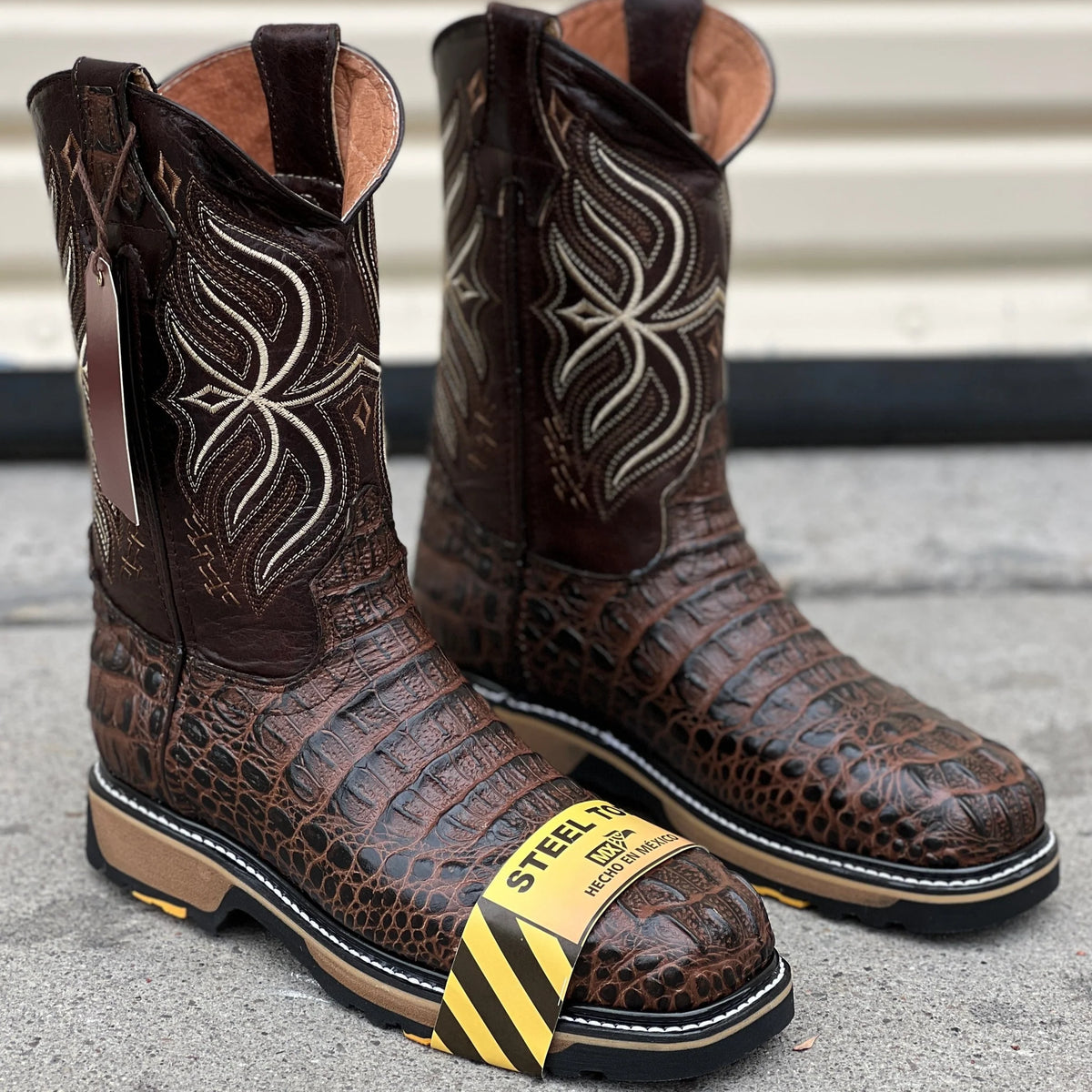 Patron Boots Caiman Print Square Toe Steel Toe Work Boots – Moka Brown