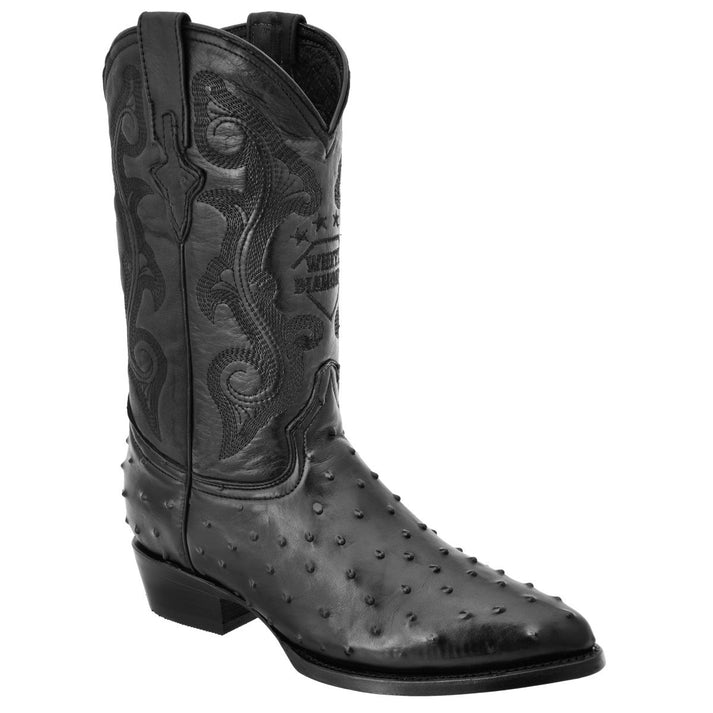 White Diamonds Men's Ostrich Print Round Toe Cowboy Boots – Black