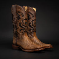 Men’s Rodeo Cartie Python Print Snakeskin Square Toe Boots - Honey