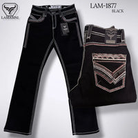 Men's Boot Cut Western Jeans – Stretch Denim Cowboy Pants - Black Embroidered Pockets LAM-1877