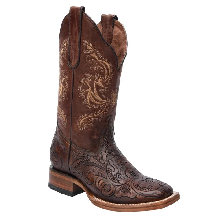 White Diamonds Men's Full Hand-Tooled Leather Square Toe Rodeo Cowboy Boots – Brown