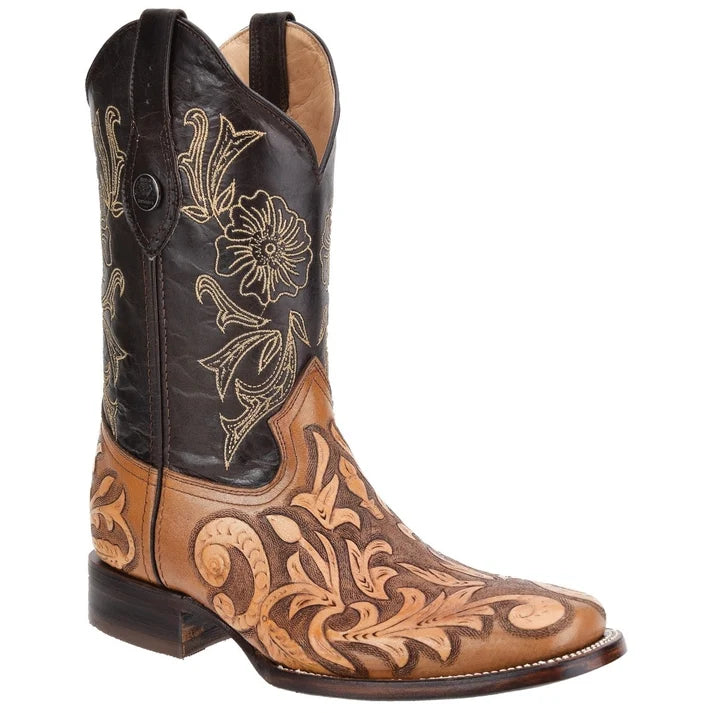 White Diamonds Men's Full Hand-Tooled Leather Square Toe Rodeo Cowboy Boots – Natural