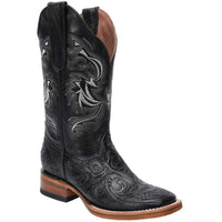 White Diamonds Men's Full Hand-Tooled Leather Square Toe Rodeo Cowboy Boots – Black