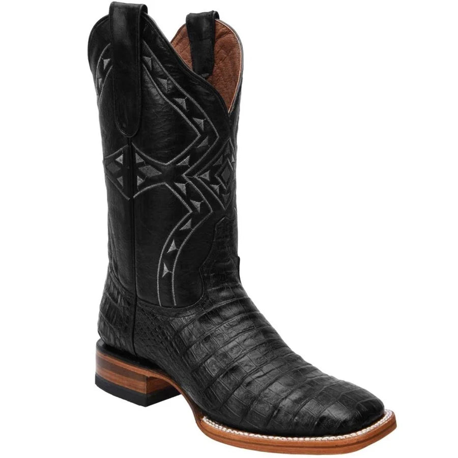 White Diamonds Men's Crocodile Print Square Toe Rodeo Cowboy Boots – Black