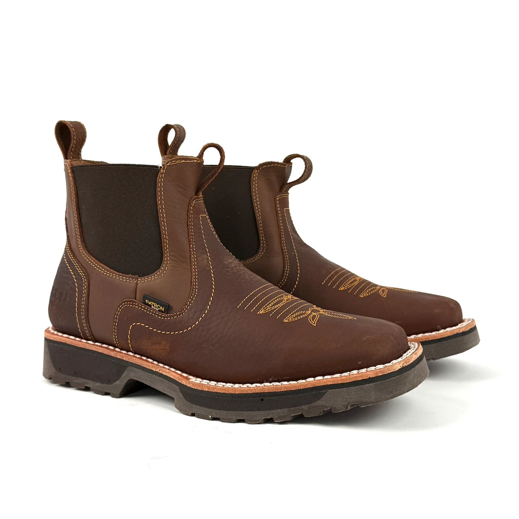 Patron Men’s Chelsea Work Boots, Floater Leather with Western Toe Stitching, Square Toe - Honey Brown