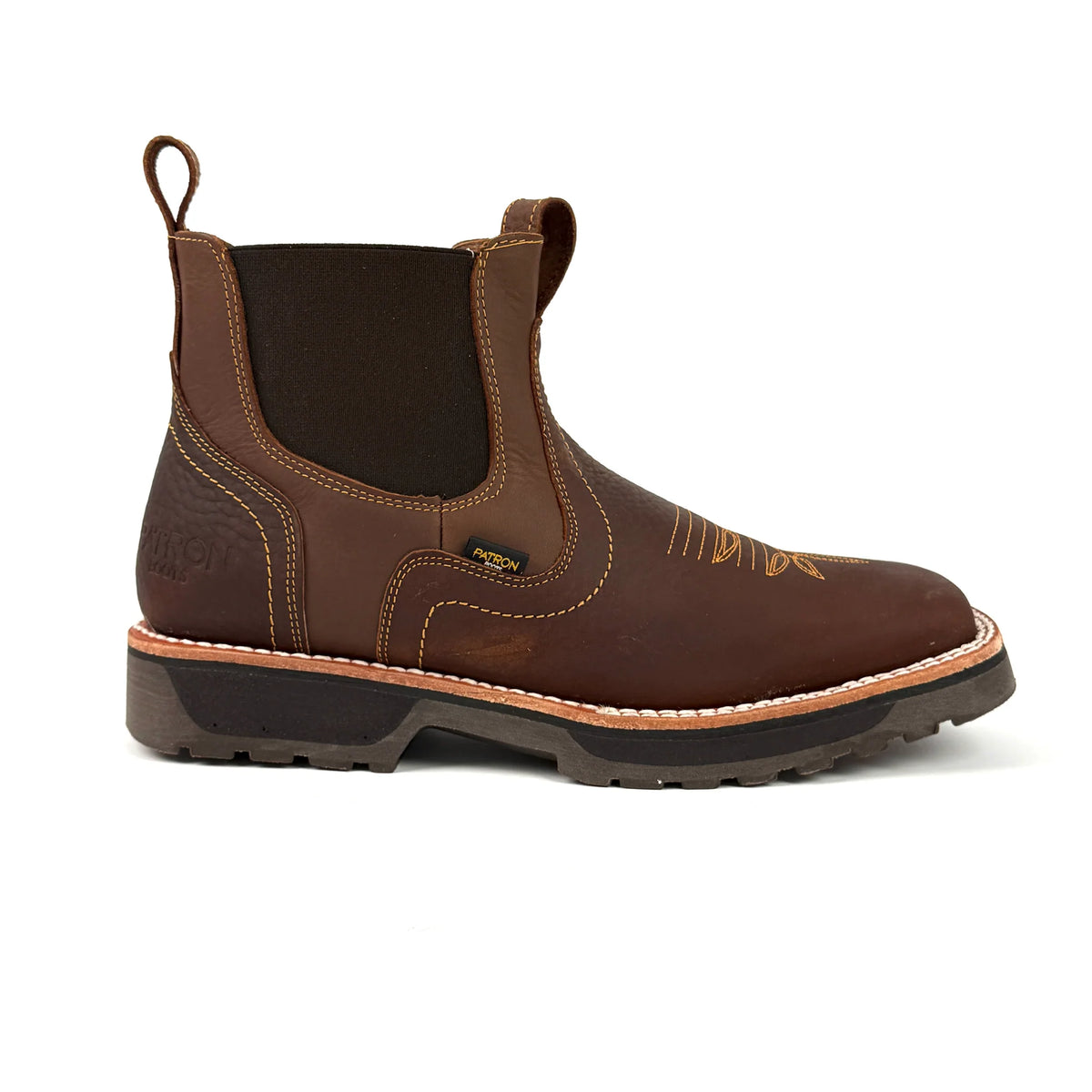 Patron Men’s Chelsea Work Boots, Floater Leather with Western Toe Stitching, Square Toe - Honey Brown