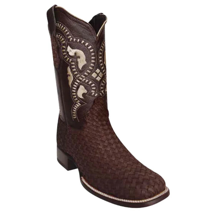 White Diamonds Men's Woven Leather Square Toe Rodeo Cowboy Boots – Brown