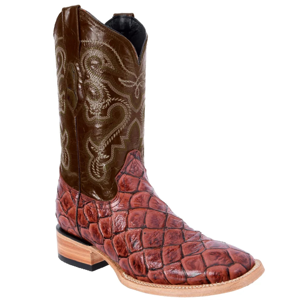 White Diamonds Men's Pirarucu Print Square Toe Rodeo Cowboy Boots – Cognac