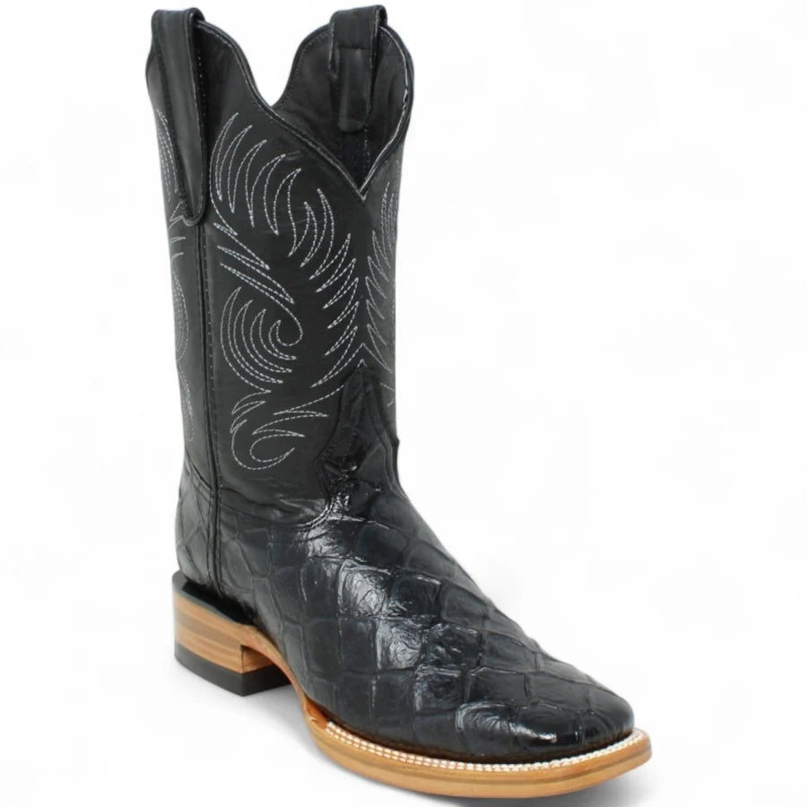 White Diamonds Men's Pirarucu Print Square Toe Rodeo Cowboy Boots – Black