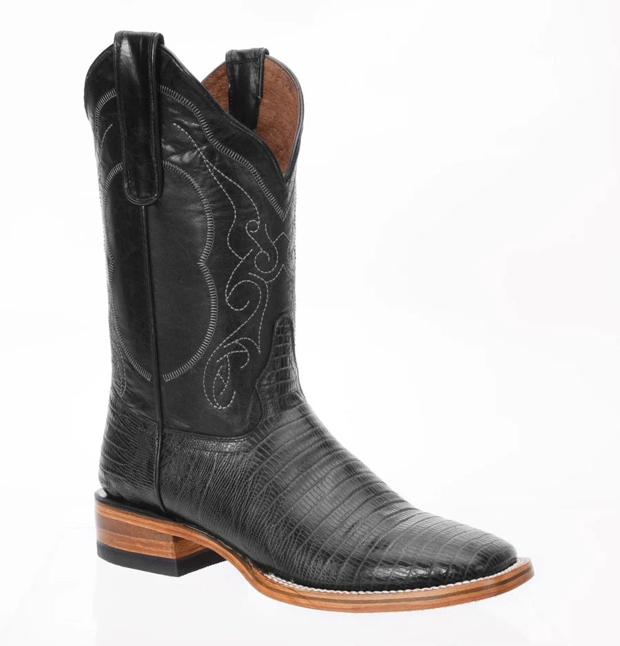 White Diamonds Men's Lizard Print Square Toe Rodeo Cowboy Boots – Black