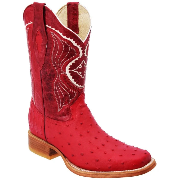 White Diamonds Men's Ostrich Print Square Toe Rodeo Cowboy Boots – Red