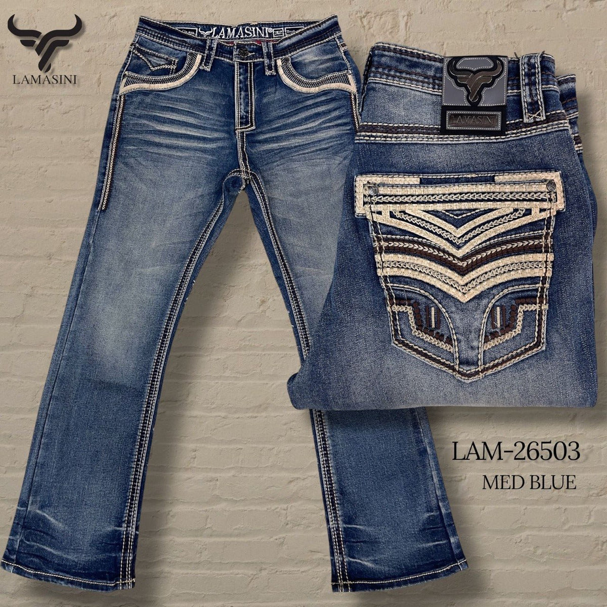 Men's Boot Cut Western Jeans – Stretch Denim Cowboy Pants –  Medium Blue 26503