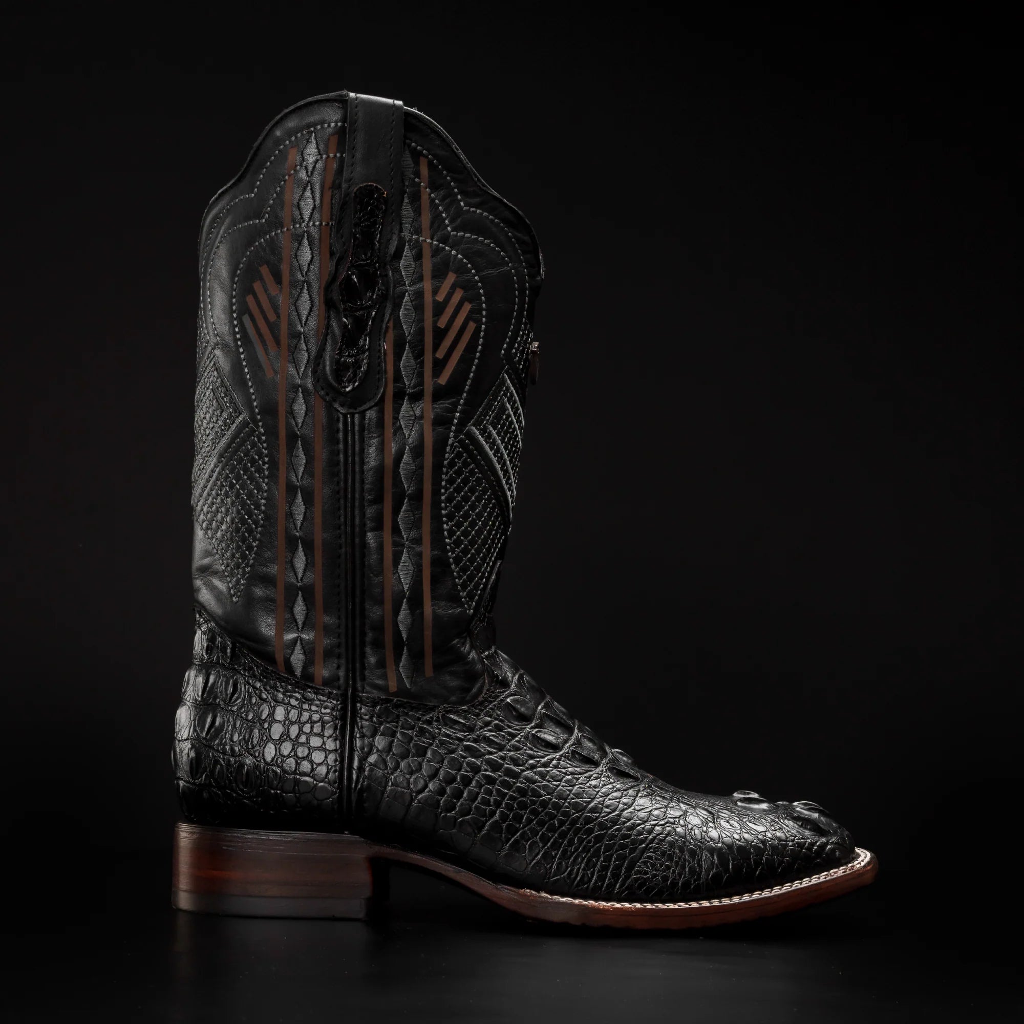 Rodeo Cartie Hornback Caiman Print Square Toe Cowboy Boots - Black