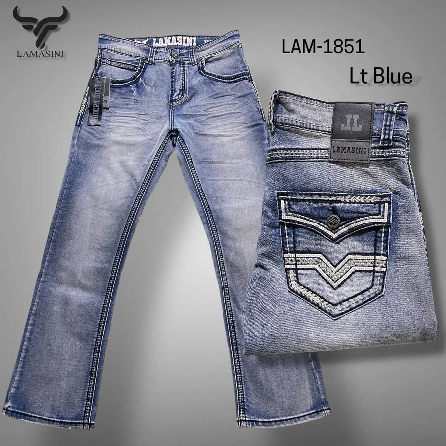 Men's Boot Cut Western Jeans – Stretch Denim Cowboy Pants - Light Blue LAM- 1851
