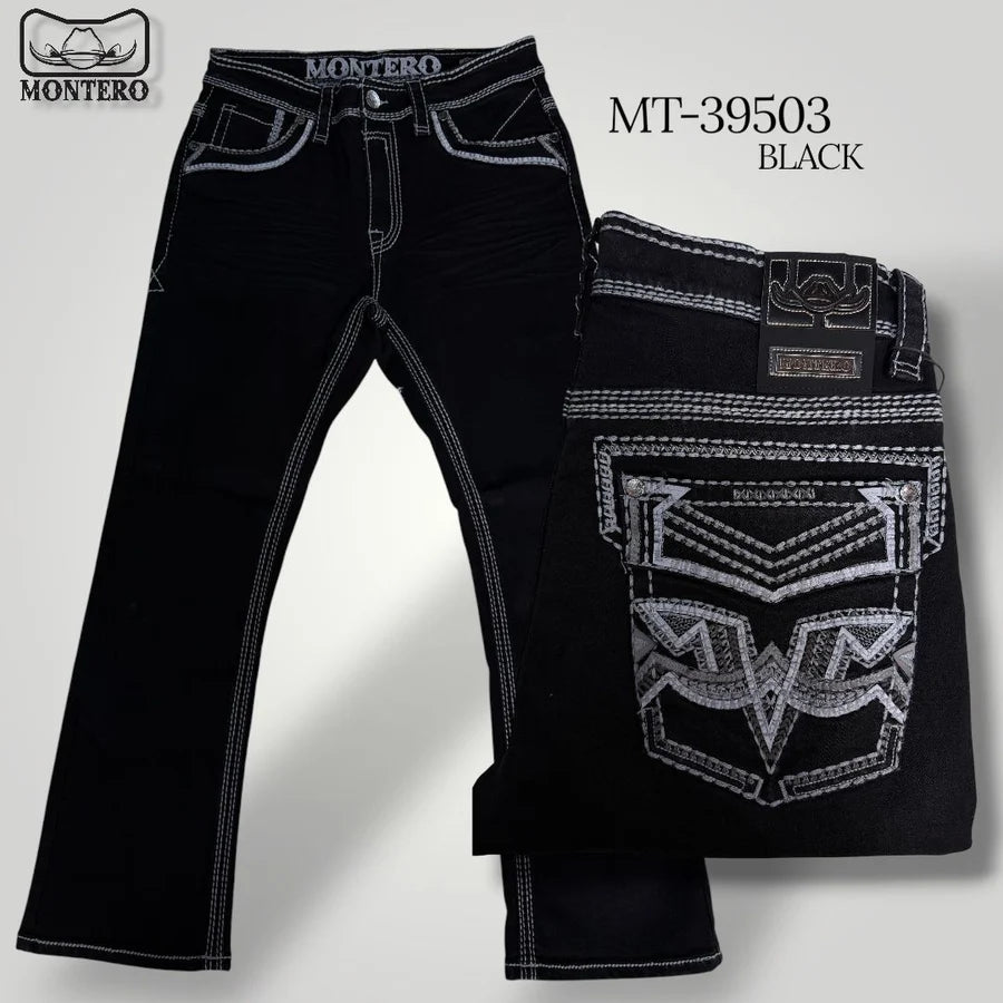 Men's Boot Cut Western Jeans – Stretch Denim Cowboy Pants -Black MON 39503