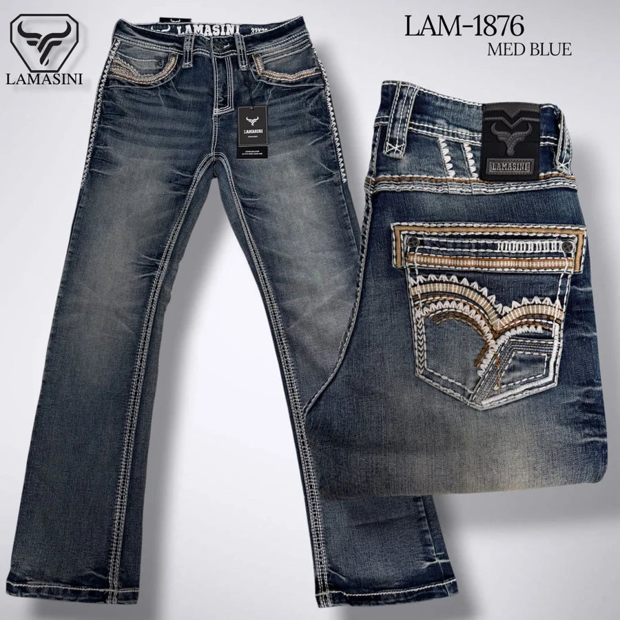 Men's Boot Cut Western Jeans – Stretch Denim Cowboy Pants - Blue LAM-1876