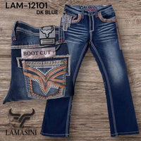 Men's Boot Cut Western Jeans – Stretch Denim Cowboy Pants - Dark Blue LAM-12101