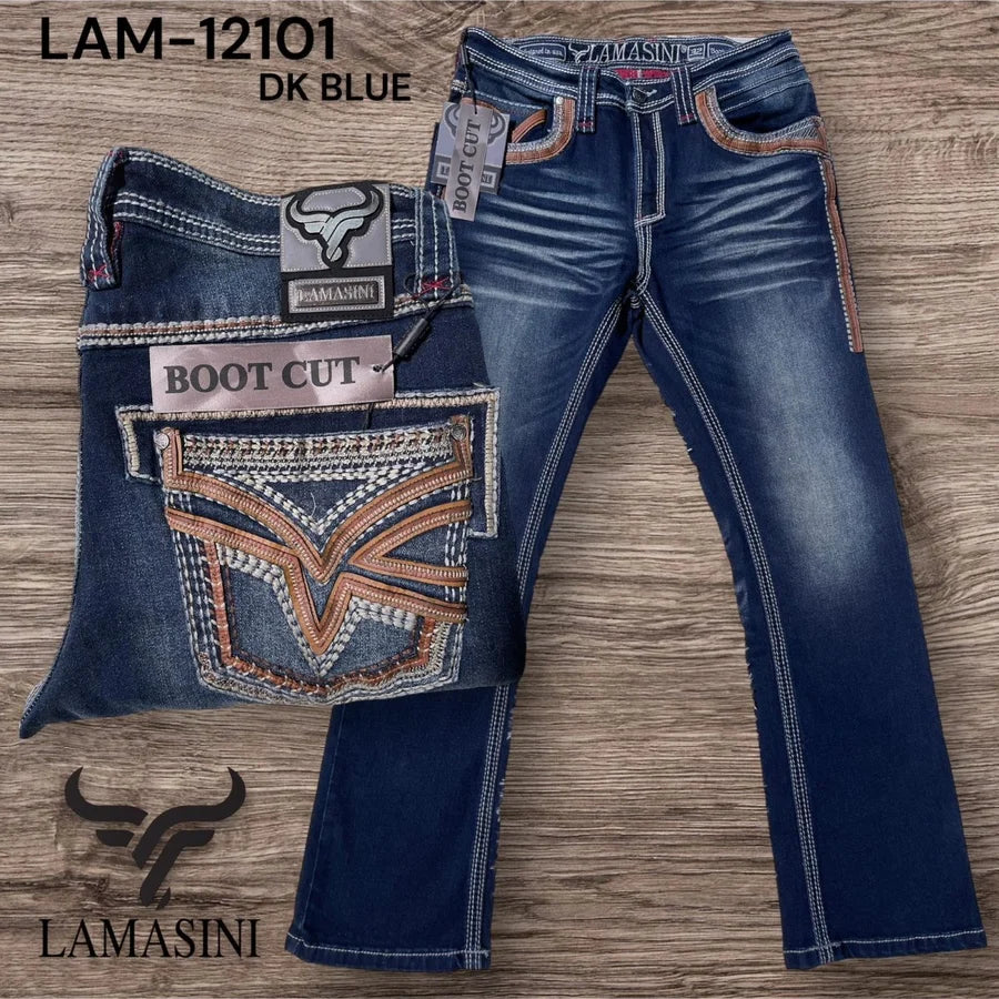 Men's Boot Cut Western Jeans – Stretch Denim Cowboy Pants - Dark Blue LAM-12101