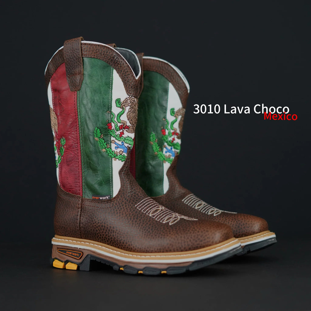 Patron Men’s Cowboy Work Boots, Pebbled Leather with Mexico Flag Embroidered Shaft, Square Toe - Chocolate Brown