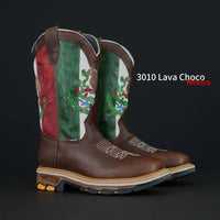 Patron Men’s Cowboy Work Boots, Pebbled Leather with Mexico Flag Embroidered Shaft, Square Toe - Chocolate Brown