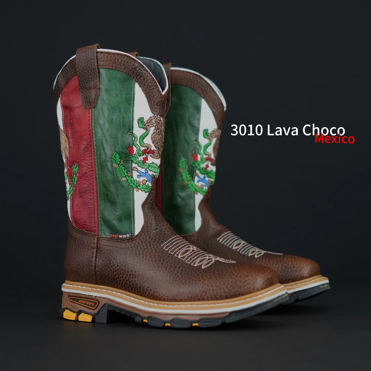 Patron Men’s Cowboy Work Boots, Pebbled Leather with Mexico Flag Embroidered Shaft, Square Toe - Chocolate Brown