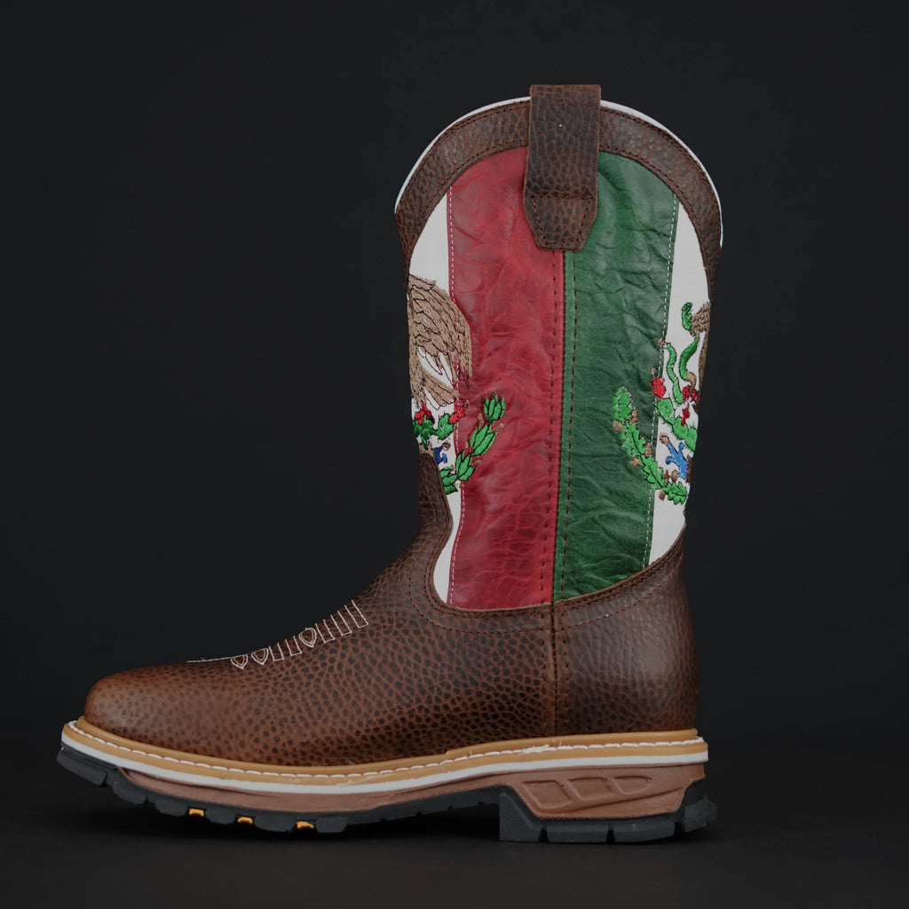 Patron Men’s Cowboy Work Boots, Pebbled Leather with Mexico Flag Embroidered Shaft, Square Toe - Chocolate Brown